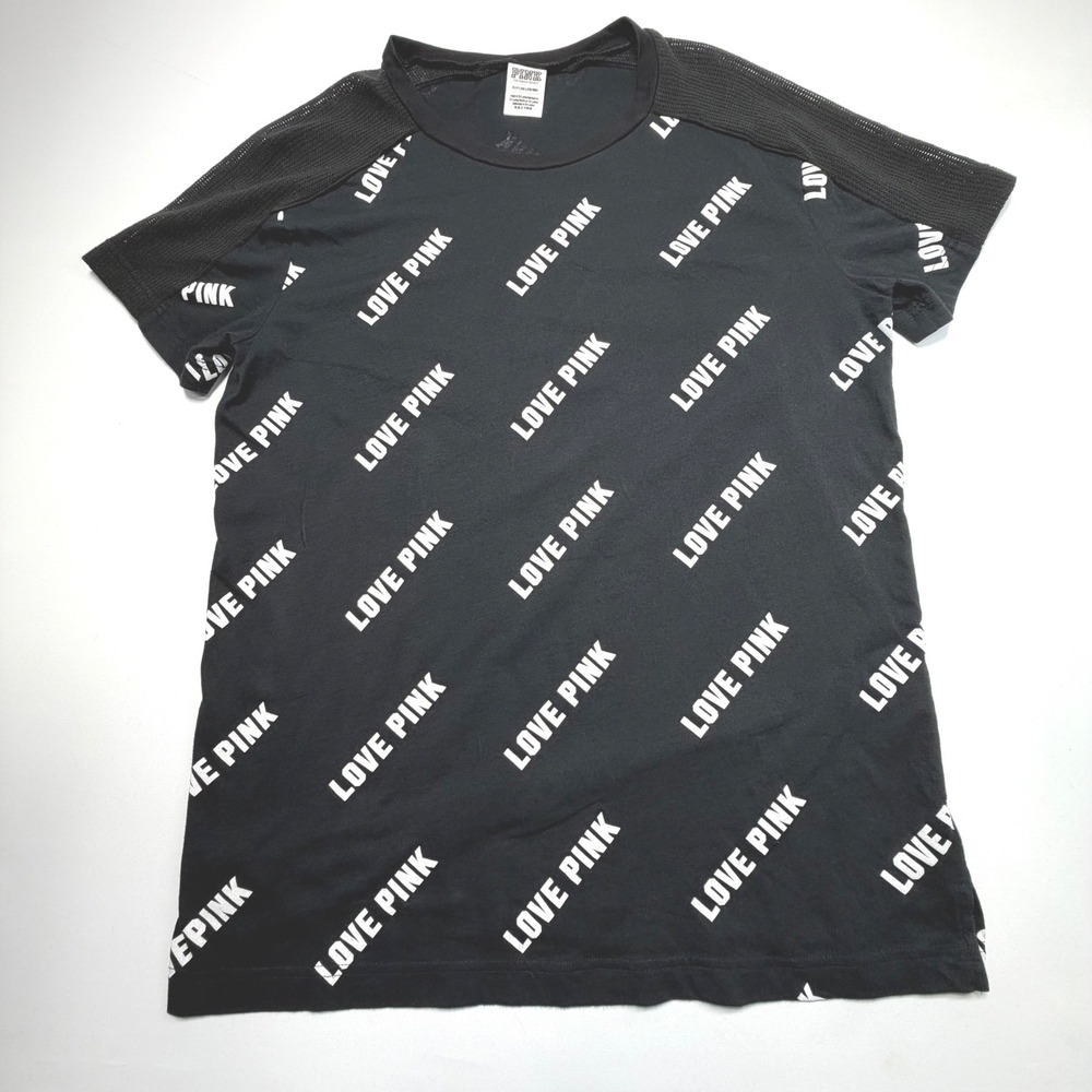 PINK Victoria's Secret Black Love Pink Tee‎ Mesh Sleeve Small AOP